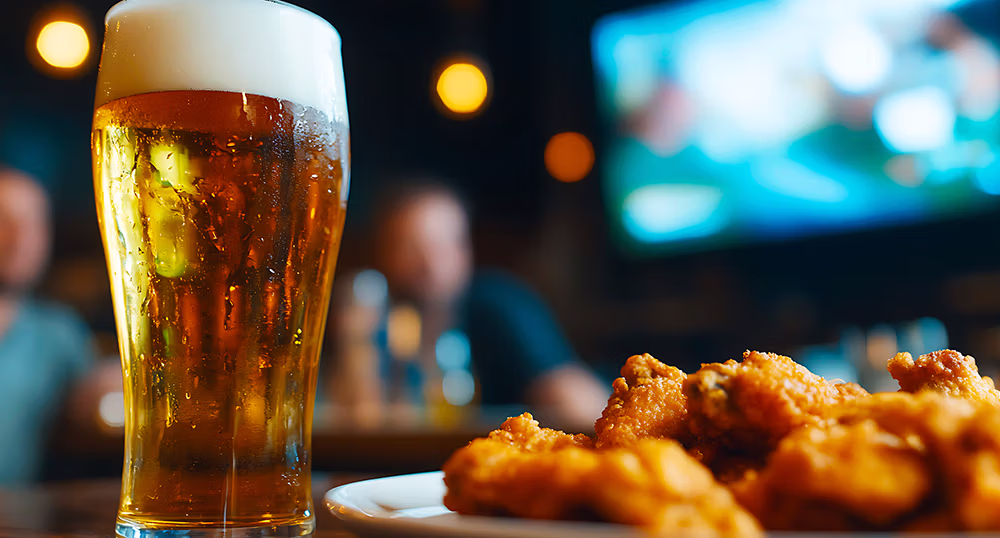 Watch party spread with beer and wings in front of a big screen