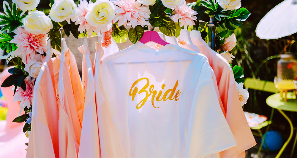 Bride robe styled on a floral-draped garment rack