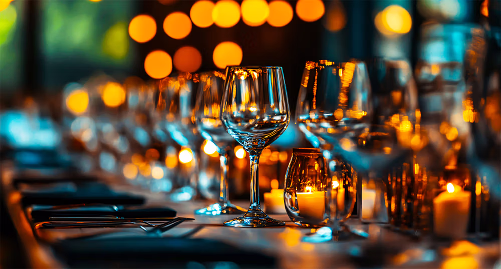Elegant candlelit table setting with wine glasses at a Las Vegas event